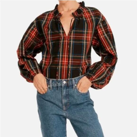 NWT J. Crew Scalloped Tie Neck Stewart Tartan Plaid Top Size XS - Picture 1 of 11